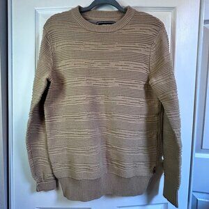 Vtg 90s Men's Small Beige Tan Benjamin Black Textured 3D Knit Crew Neck Sweater